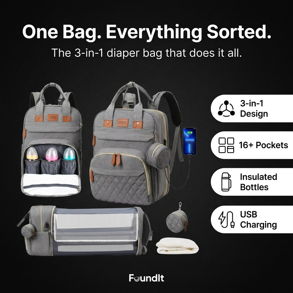 FoundIt All-In-One Diaper Bag - One Bag Everything Sorted - 3-in-1 design with feature badges