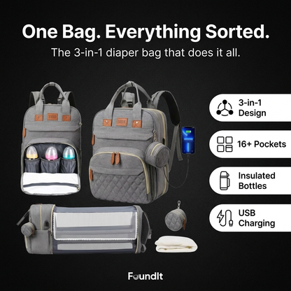 FoundIt All-In-One Diaper Bag - One Bag Everything Sorted - 3-in-1 design with feature badges