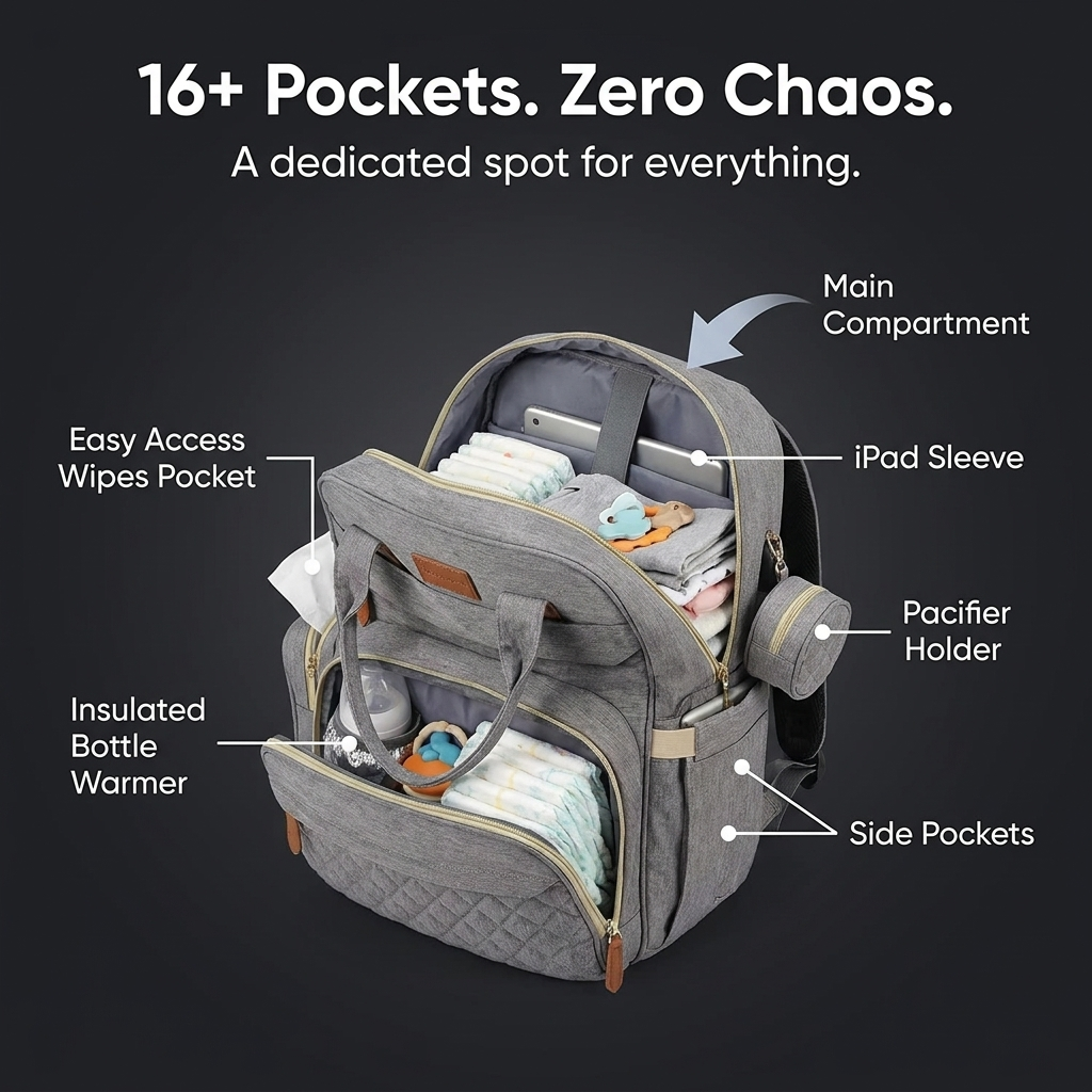 16+ Pockets Zero Chaos - organized compartments with labeled callouts