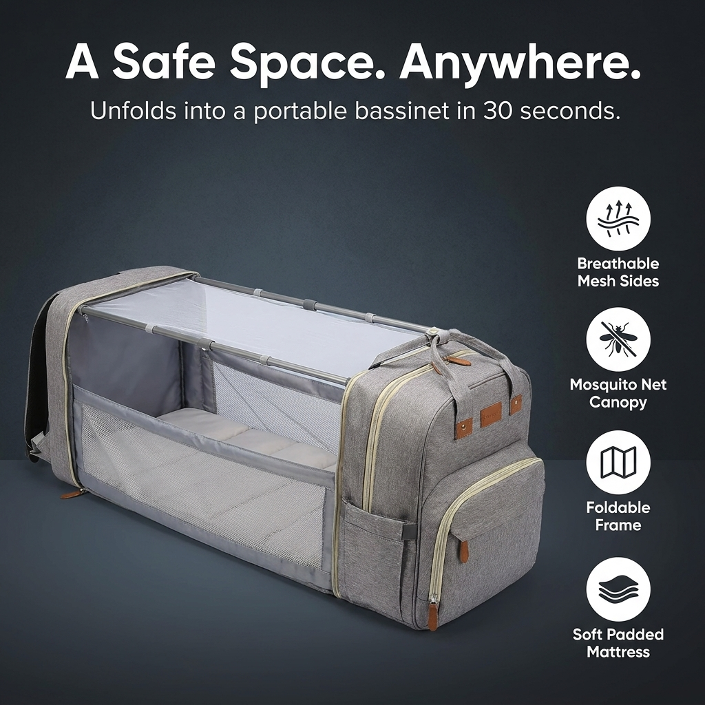 A Safe Space Anywhere - portable bassinet with flat top mosquito net canopy